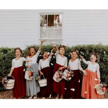 2Bunnies Girl Peony Lace Back A-Line Straight Tutu Tulle Party Flower Girl Dress (Burgundy Long Slee...