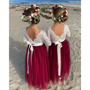 2Bunnies Girl Peony Lace Back A-Line Straight Tutu Tulle Party Flower Girl Dress (Burgundy Long Sleeve Maxi, 5)