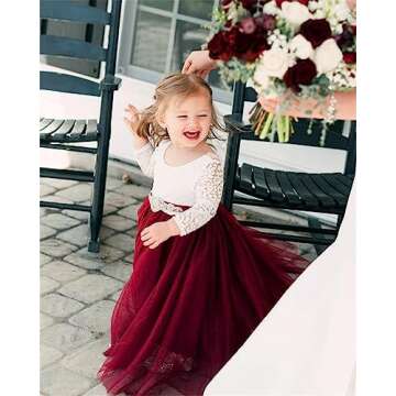 2Bunnies Girl Peony Lace Back A-Line Straight Tutu Tulle Party Flower Girl Dress (Burgundy Long Sleeve Maxi, 5)