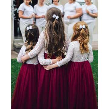 2Bunnies Girl Peony Lace Back A-Line Straight Tutu Tulle Party Flower Girl Dress (Burgundy Long Sleeve Maxi, 5)