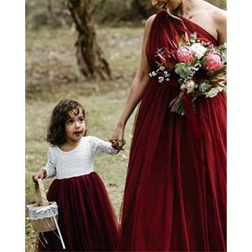 2Bunnies Girl Peony Lace Back A-Line Straight Tutu Tulle Party Flower Girl Dress (Burgundy Long Sleeve Maxi, 5)