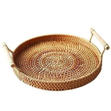 Rattan Storage Tray, Round Basket with Handle, Hand-Woven, Rattan Tray Wicker Basket Bread Fruit Food Breakfast Display L