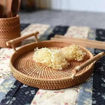 Rattan Storage Tray, Round Basket with Handle, Hand-Woven, Rattan Tray Wicker Basket Bread Fruit Food Breakfast Display L