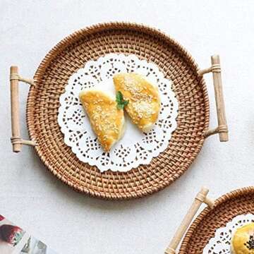 Rattan Storage Tray, Round Basket with Handle, Hand-Woven, Rattan Tray Wicker Basket Bread Fruit Food Breakfast Display L