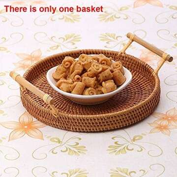 Rattan Storage Tray, Round Basket with Handle, Hand-Woven, Rattan Tray Wicker Basket Bread Fruit Food Breakfast Display L