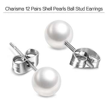 Charisma 8mm Composite Pearl Earrings Round Ball Pearls Stud Earrings Hypoallergenic 12 Pairs Imitat...