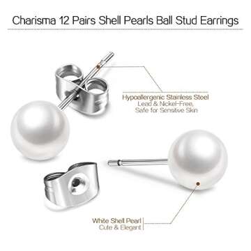 Charisma 8mm Composite Pearl Earrings Round Ball Pearls Stud Earrings Hypoallergenic 12 Pairs Imitation Pearl Earrings Set for Women