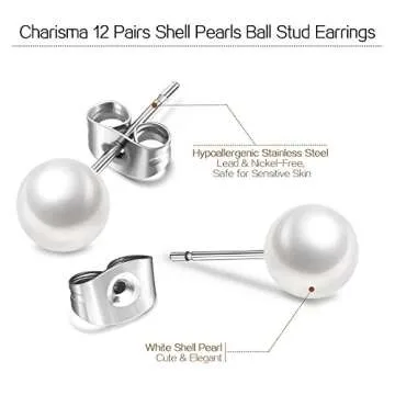 Charisma 8mm Composite Pearl Earrings Round Ball Pearls Stud Earrings Hypoallergenic 12 Pairs Imitation Pearl Earrings Set for Women