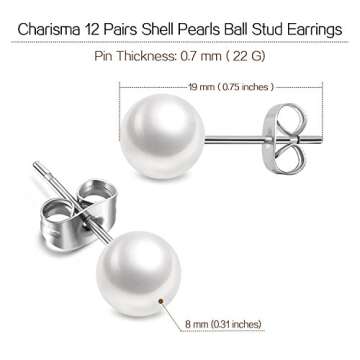 Charisma 8mm Composite Pearl Earrings Round Ball Pearls Stud Earrings Hypoallergenic 12 Pairs Imitation Pearl Earrings Set for Women