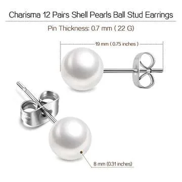 Charisma 8mm Composite Pearl Earrings Round Ball Pearls Stud Earrings Hypoallergenic 12 Pairs Imitation Pearl Earrings Set for Women