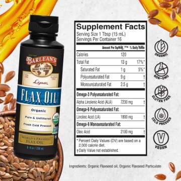 Barlean's Organic Lignan Flaxseed Oil Liquid Supplement from Cold Pressed Flax Seeds, 7,230 mg ALA Omega-3 Fatty Acids for Skin and Hair Care, Vegan & Gluten Free, 8 oz