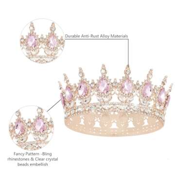 YOUlDIANZI Queen Crown Rhinestone Wedding Crowns and Tiaras for Women Costume Party Hair Accessories Princess Birthday Crown Crystal Bridal Crown (Rose Gold Pink Crown), Large