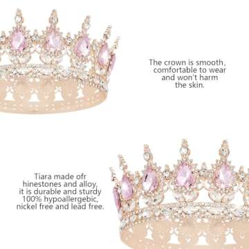 YOUlDIANZI Queen Crown Rhinestone Wedding Crowns and Tiaras for Women Costume Party Hair Accessories Princess Birthday Crown Crystal Bridal Crown (Rose Gold Pink Crown), Large