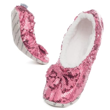 Snoozies Ballerina Bling Metallic Shine Women Slippers | Sequin House Slippers for Women | Slipper Socks with Grippers for Women | Cute Slippers for Women | Pink | Large
