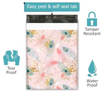 10x13 (100) Pink Peacock Feather Designer Poly Mailers Waterproof Self Sealing Tear Resistant Polymailers Shipping Envelopes Premium Printed Bags For Small Businesses