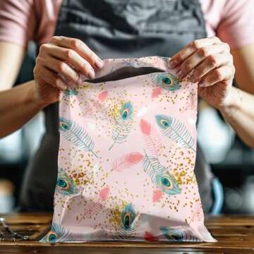10x13 (100) Pink Peacock Feather Designer Poly Mailers Waterproof Self Sealing Tear Resistant Polymailers Shipping Envelopes Premium Printed Bags For Small Businesses