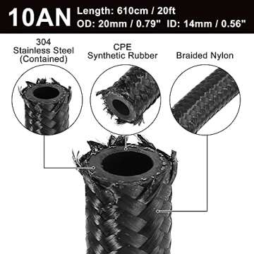 X AUTOHAUX 20ft 10AN Fuel Hose AN10 5/8" Universal Braided Nylon Stainless Steel CPE Oil Fuel Gas Line Hose Black