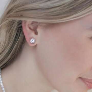 Women's 14K White Plated CZ Stud Earrings Simulated Diamond Round Cubic Zirconia Ear Stud Set（5 Pa...