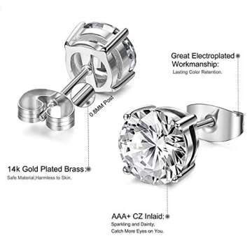 Women's 14K White Plated CZ Stud Earrings Simulated Diamond Round Cubic Zirconia Ear Stud Set（5 Pairs)