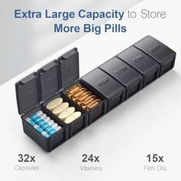 Extra Large Pill Organizer Weekly, KAPENS Daily Pill Case Box Large Capacity Compartments, 7 Day Pill Containers for Medicine Supplements Vitamin Fish Oil, Black