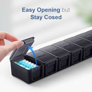 Extra Large Pill Organizer Weekly, KAPENS Daily Pill Case Box Large Capacity Compartments, 7 Day Pill Containers for Medicine Supplements Vitamin Fish Oil, Black