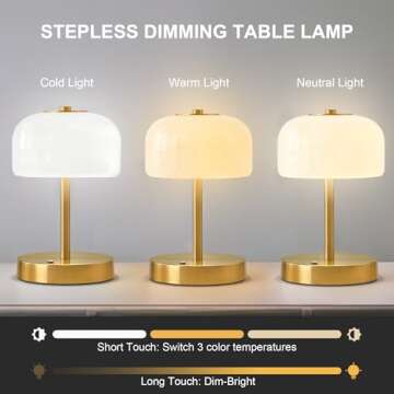 Oneach Portable Cordless Table Lamp, Rechargeable Battery Powered Lamp with Opal Glass Shade, 3-Way Dimmable LED Touch Mushroom Table Lamp for Bedroom, Bedside, Living Room, Dining Room, Patio, Gold