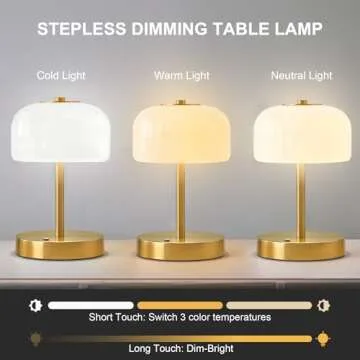 Oneach Portable Cordless Table Lamp, Rechargeable Battery Powered Lamp with Opal Glass Shade, 3-Way Dimmable LED Touch Mushroom Table Lamp for Bedroom, Bedside, Living Room, Dining Room, Patio, Gold