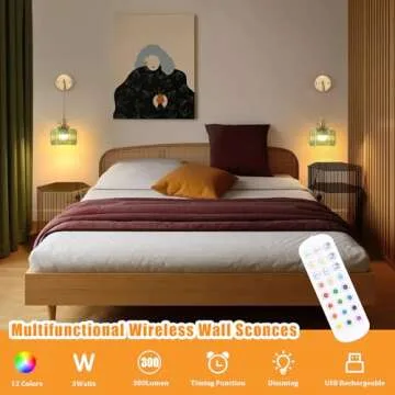 Shenmoyl Battery Operated Wall Sconce with Green Striped Shade Pattern Glass Adjustable Chain Retro ...