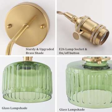 Shenmoyl Battery Operated Wall Sconce with Green Striped Shade Pattern Glass Adjustable Chain Retro Gold Wall Mounted Light, Modern Wall Decor for Bedside Bedroom Indoor Doorway， Set of 2