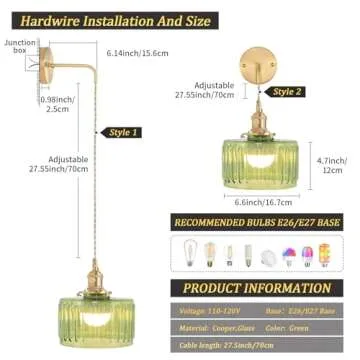 Shenmoyl Battery Operated Wall Sconce with Green Striped Shade Pattern Glass Adjustable Chain Retro Gold Wall Mounted Light, Modern Wall Decor for Bedside Bedroom Indoor Doorway， Set of 2