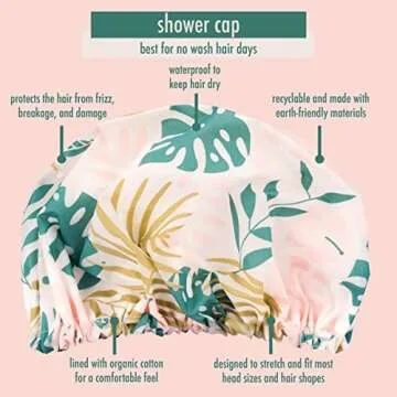 EcoTools Shower Cap, Organic Cotton Lining, Perfect For No-Wash Days, Fits All Head Sizes & All Hair Textures, Reusable & Waterproof, Protects Scalp, Eco-Friendly, Cruelty-Free, & Vegan, 1 Count