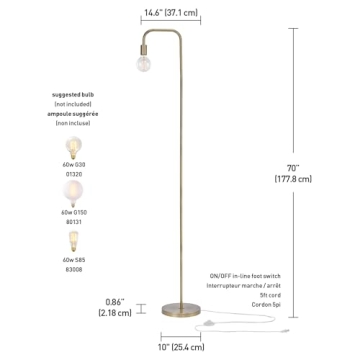 Globe Electric 67068 Holden 70" Floor Lamp, Matte Brass, in-Line On/Off Foot Switch
