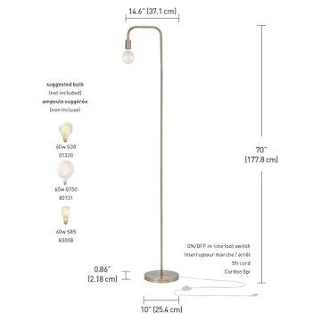 Globe Electric 67068 Holden 70" Floor Lamp, Matte Brass, in-Line On/Off Foot Switch