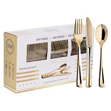 N9R 300PCS Gold Plastic Silverware, Heavy Duty Gold Plastic Cutlery Set Disposable Flatware Dinnerware, 100 Gold Forks, 100 Gold Spoons, 100 Gold Knives, Perfect for Party, Weeding and Christmas