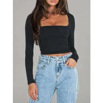 Dressmine Women's Sexy Long Sleeve Square Neck Crop Top