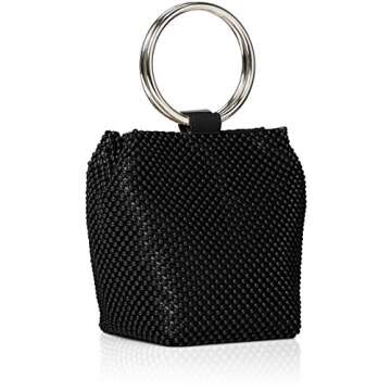 Jessica McClintock Womens Gwen Ball Mesh Ring Wristlet Pouch Clutch, Sparkly Black Evening Bag for B...