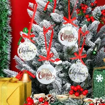 Clear Round Acrylic Christmas Ornaments Clear Blank Acrylic Disc Circle Red Ribbon with Hole DIY Crafts Acrylic Ornament for Xmas Tree Party Painting Hanging Decoration Supplies(3 Inch, 25 Pieces)