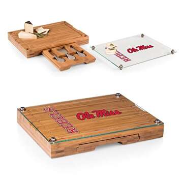 PICNIC TIME NCAA Ole Miss Rebels Concerto Glass Top Cheese Board and Knife Set - Charcuterie Board S...