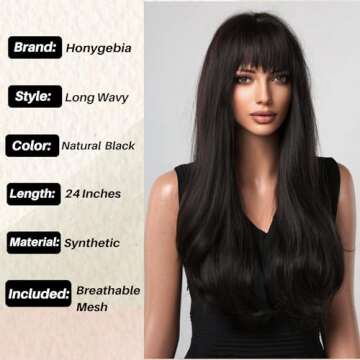 Honygebia Black Wig with Bangs - Natural Black Wigs for Women, Long Straight Wavy Synthetic Hair, Layered Realistic Heat Resistant Wig, Best for Halloween/Christmas/Cosplay/Party