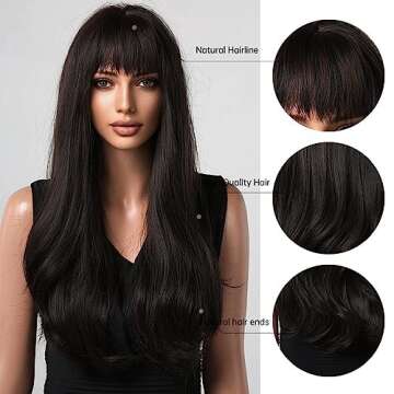 Honygebia Black Wig with Bangs - Natural Black Wigs for Women, Long Straight Wavy Synthetic Hair, Layered Realistic Heat Resistant Wig, Best for Halloween/Christmas/Cosplay/Party