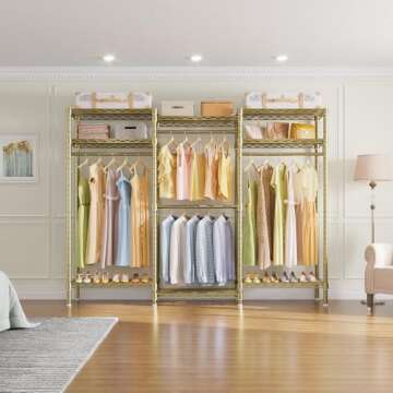 VIPEK V5i Garment Rack Heavy Duty Clothes Rack, Portable Closet Wardrobe Bedroom Armoires Freestanding Clothing Rack with 8 Adjustable Shelves & 4 Hang Rods, 68.9" L x 15.7" W x 76.4" H, Gold