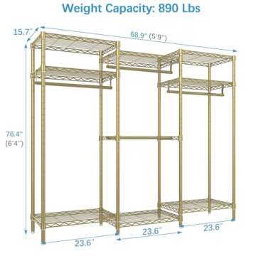 VIPEK V5i Garment Rack Heavy Duty Clothes Rack, Portable Closet Wardrobe Bedroom Armoires Freestanding Clothing Rack with 8 Adjustable Shelves & 4 Hang Rods, 68.9" L x 15.7" W x 76.4" H, Gold