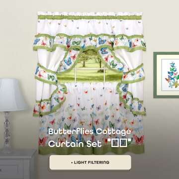Printed Cottage Window Curtain Set - 57 Inch Width, 36 Inch Length - Green Butterflies - Polyester S...