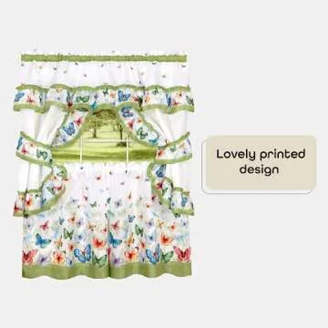 Printed Cottage Window Curtain Set - 57 Inch Width, 36 Inch Length - Green Butterflies - Polyester Soft Window Treatment Include Valance, Attached Swaggers, Tiebacks & Two Tiers by Achim Home Decor