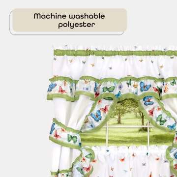 Printed Cottage Window Curtain Set - 57 Inch Width, 36 Inch Length - Green Butterflies - Polyester Soft Window Treatment Include Valance, Attached Swaggers, Tiebacks & Two Tiers by Achim Home Decor