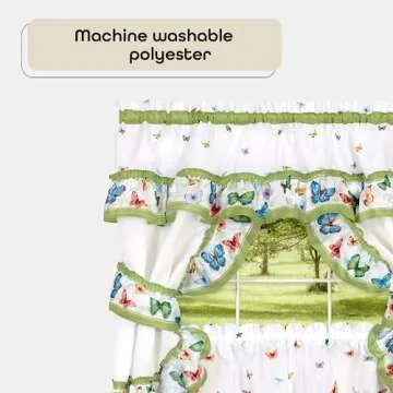 Printed Cottage Window Curtain Set - 57 Inch Width, 36 Inch Length - Green Butterflies - Polyester Soft Window Treatment Include Valance, Attached Swaggers, Tiebacks & Two Tiers by Achim Home Decor