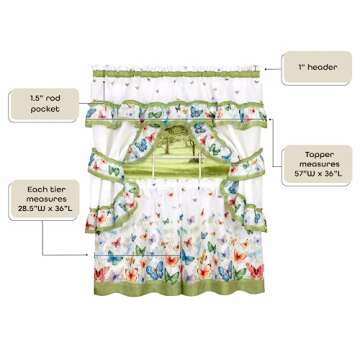 Printed Cottage Window Curtain Set - 57 Inch Width, 36 Inch Length - Green Butterflies - Polyester Soft Window Treatment Include Valance, Attached Swaggers, Tiebacks & Two Tiers by Achim Home Decor