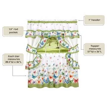 Printed Cottage Window Curtain Set - 57 Inch Width, 36 Inch Length - Green Butterflies - Polyester Soft Window Treatment Include Valance, Attached Swaggers, Tiebacks & Two Tiers by Achim Home Decor