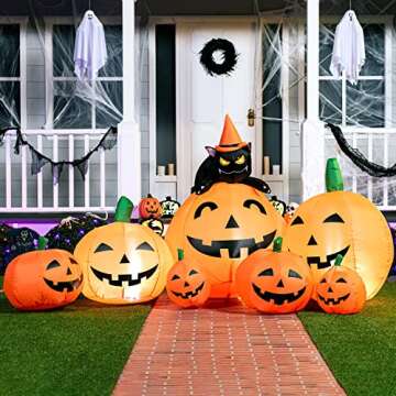 Joiedomi 7 FT Long Halloween Inflatables Pumpkin Outdoor Decorations, 7 Pumpkins Outside Decoration with Witch's Cat with Build-in LEDs Blow Up Inflatables for Party Yard Lawn Garden Decor