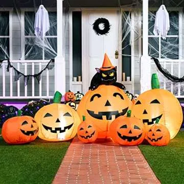 Joiedomi 7 FT Long Halloween Inflatables Pumpkin Outdoor Decorations, 7 Pumpkins Outside Decoration with Witch's Cat with Build-in LEDs Blow Up Inflatables for Party Yard Lawn Garden Decor